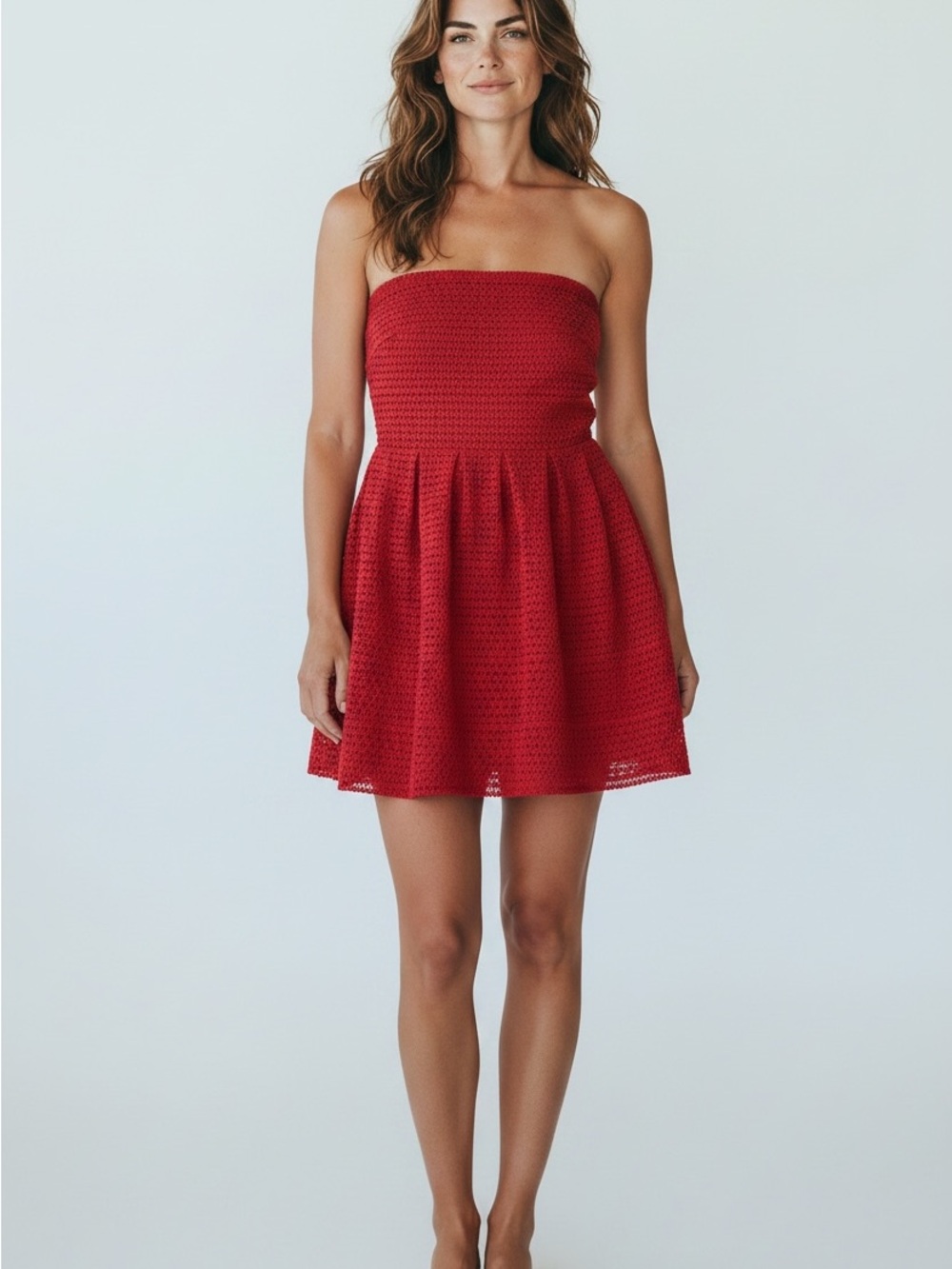 New w Tags Red Strapless Coquette Formal Short Pleated Mini Dress Large